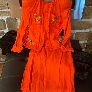 Vibrant Vintage IIF Orange Skirt Suit with Embroidery